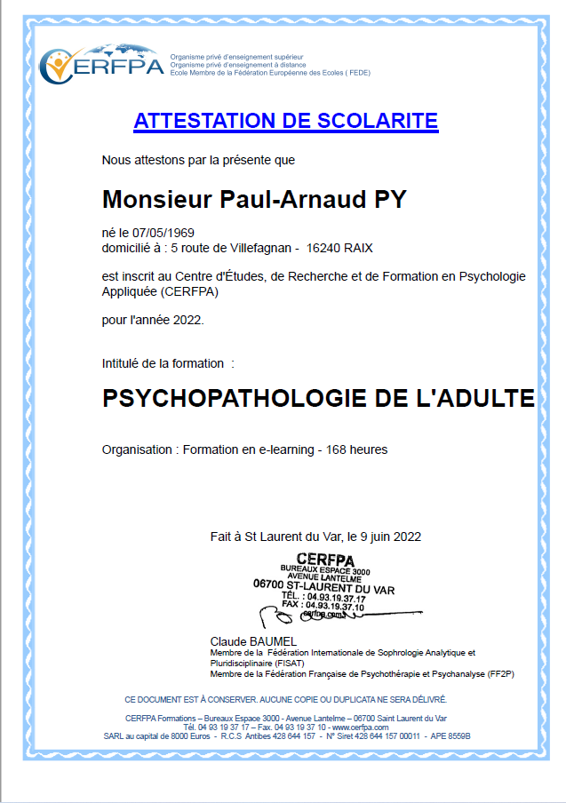Attestation suivi de Scolarité en Psychopathologie de l'adulte